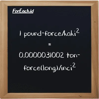 1 pound-force/kaki<sup>2</sup> setara dengan 0.0000031002 ton-force(long)/inci<sup>2</sup> (1 lbf/ft<sup>2</sup> setara dengan 0.0000031002 LT f/in<sup>2</sup>)